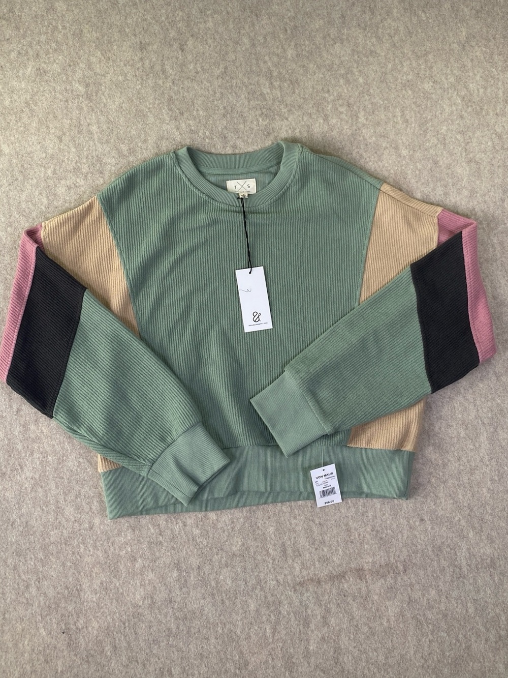 NWT Thread & Supply Colorblock Crewneck Sweater - Sage Green Black Pink Tan